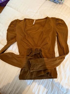 FREE PEOPLE Rust Brown Long Sleeve Tie-Front Top